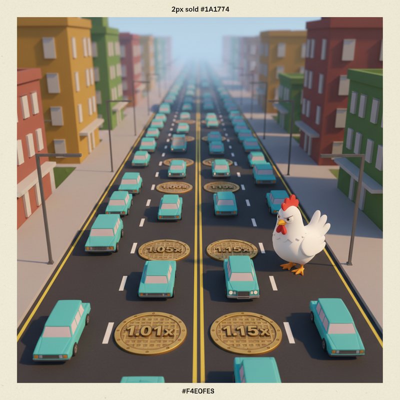 Chicken Road 2 gameplay — white chicken crossing six asphalt lanes with manhole multipliers from 1.01x to 1.19x and turquoise cars in traffic
